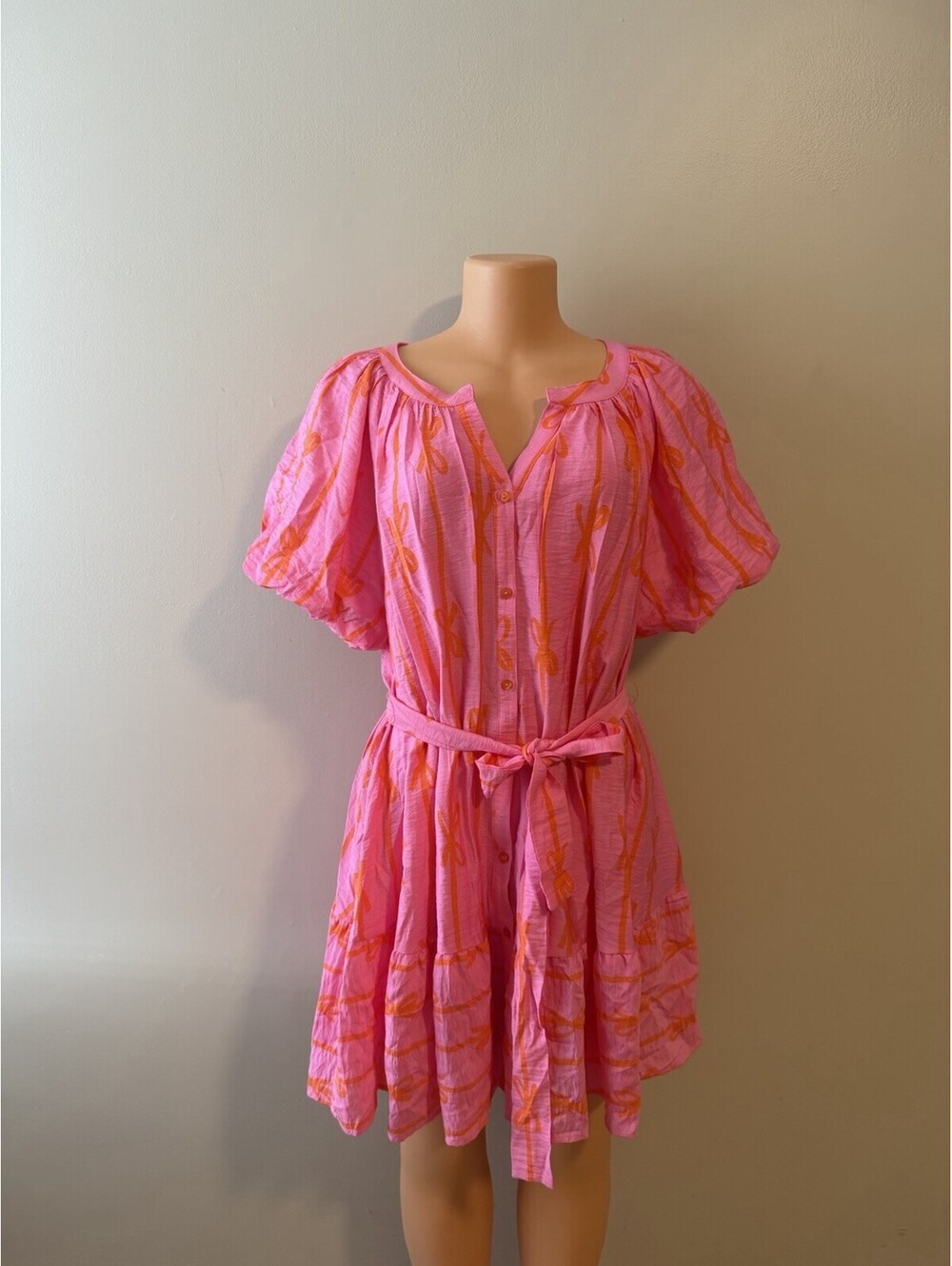 Umgee Pink Orange Floral Short Puff Sleeve Belted Button A-Line Dress L